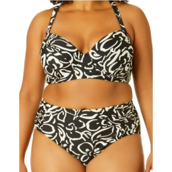 Bikini Swimsuit Bottom Mid Rise Side Rouch Black Floral Woman's 3X 24/26 LR113 - Picture 6 of 9